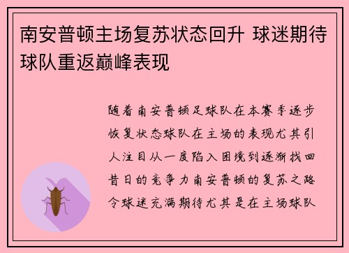 南安普顿主场复苏状态回升 球迷期待球队重返巅峰表现
