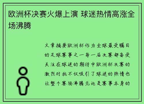 欧洲杯决赛火爆上演 球迷热情高涨全场沸腾
