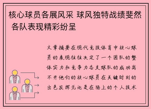 核心球员各展风采 球风独特战绩斐然 各队表现精彩纷呈