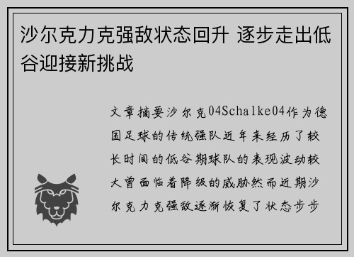 沙尔克力克强敌状态回升 逐步走出低谷迎接新挑战
