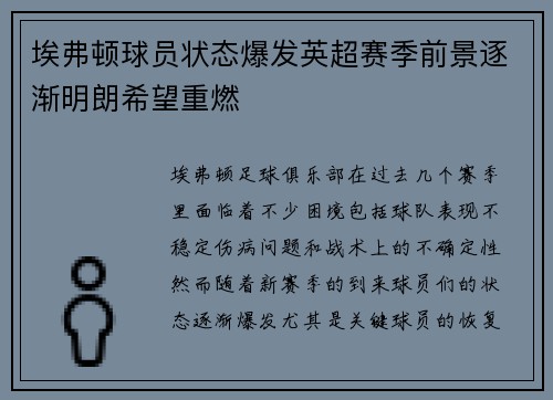 埃弗顿球员状态爆发英超赛季前景逐渐明朗希望重燃