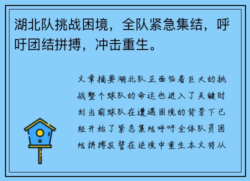 湖北队挑战困境，全队紧急集结，呼吁团结拼搏，冲击重生。