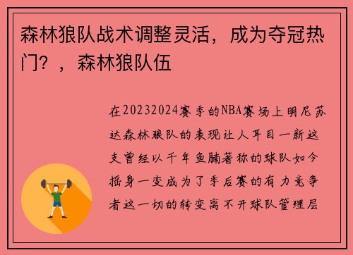 森林狼队战术调整灵活，成为夺冠热门？，森林狼队伍