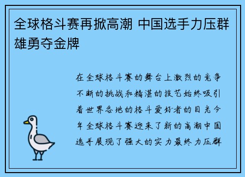 全球格斗赛再掀高潮 中国选手力压群雄勇夺金牌