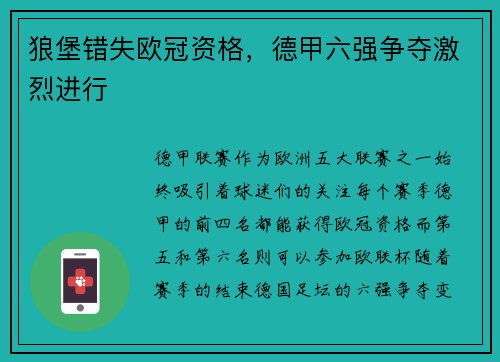 狼堡错失欧冠资格，德甲六强争夺激烈进行