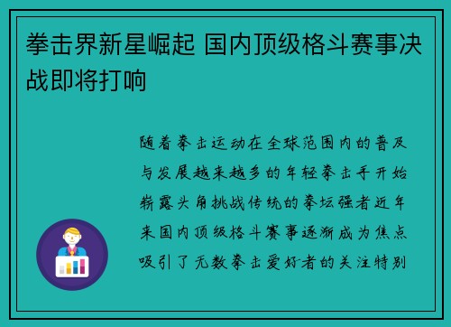 拳击界新星崛起 国内顶级格斗赛事决战即将打响