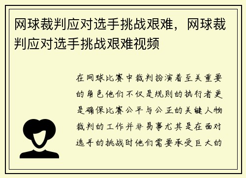 网球裁判应对选手挑战艰难，网球裁判应对选手挑战艰难视频