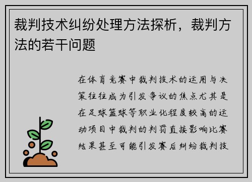 裁判技术纠纷处理方法探析，裁判方法的若干问题